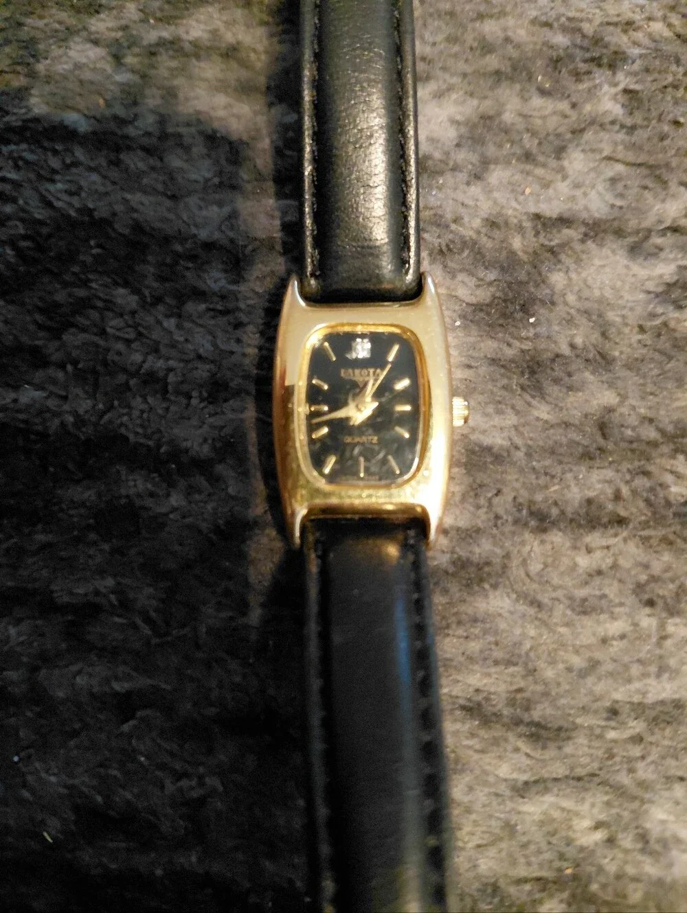 Vintage Dakota Genuine Diamond Watch Gold Tone Black Dial Leather Tank Y2K CC